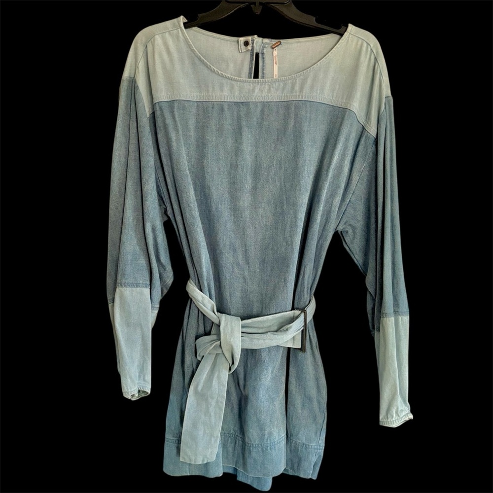 Free People Colorblock Denim Dress with belt Small